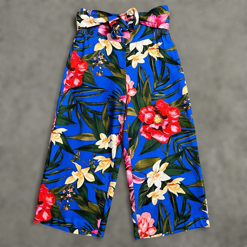 Cupcakes and Cashmere Linen Blend Pant MEDIUM Tropical Cropped Wide Leg NEW Blue